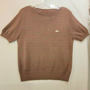 IZOD LACOSTE Womens Lg Olive Green Pink Stripe Boat Neck Cotton Knit Top Vintage